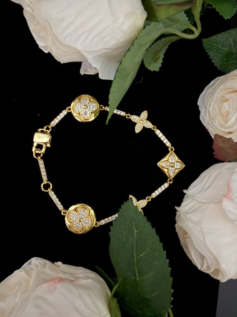 Gold Crystal Clover Charm Bracelet Designer Style Adjustable